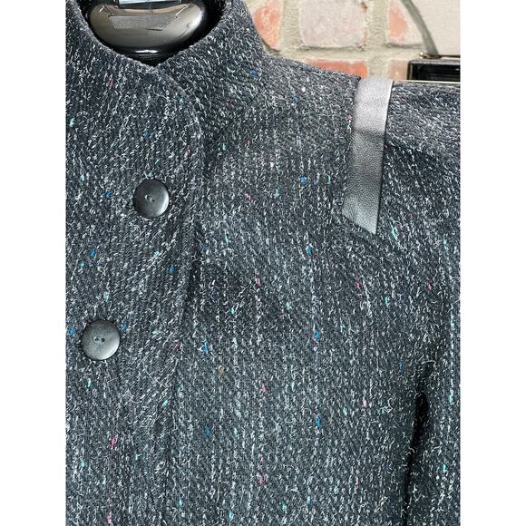 Coat wool charcoal teal pink blue high neck leather trim - Picture 4 of 14